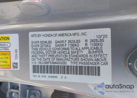 2021 Acura Tlx A-Spec Package from USA, damaged, VIN 19UUB6F53MA003252